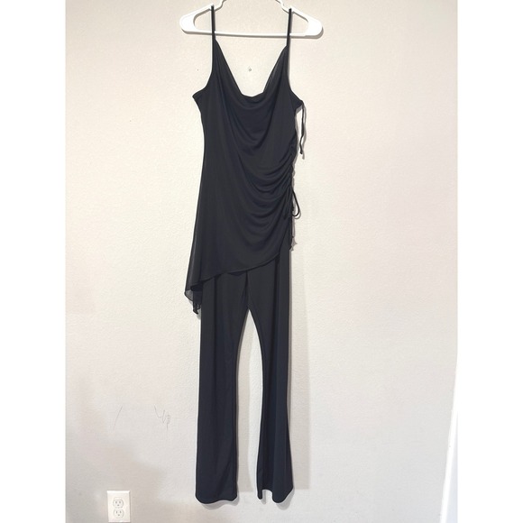 Pants - Y2K Lipstick Jumpsuit Large Black Flare Bell Drape Chiffon Asymmetric Witchy Vtg
